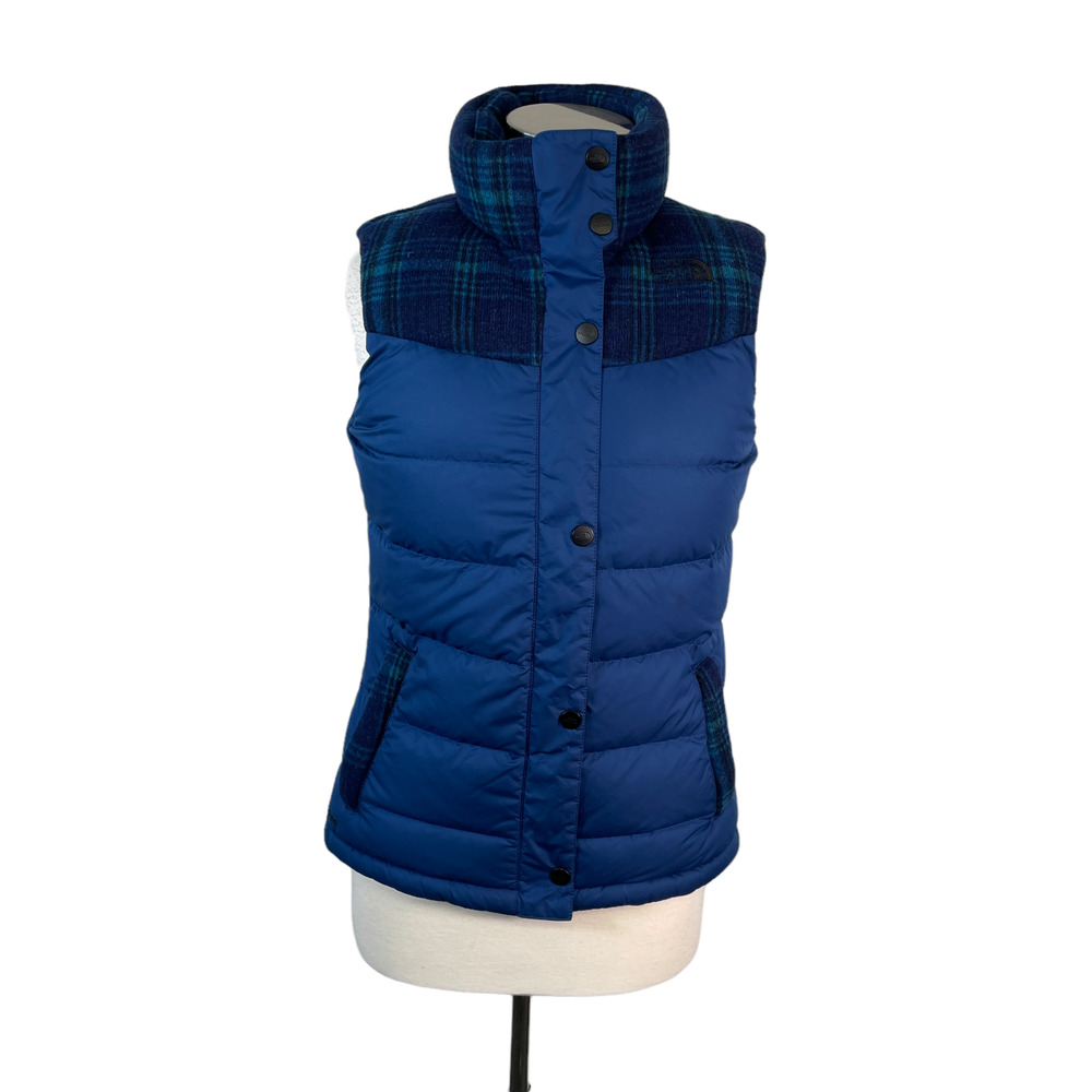 The North Face TNF Women's Small Nuptse 2 Down Puffer Vest Blue Plaid